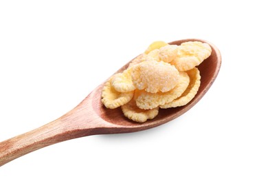 Photo of Wooden spoon of tasty crispy corn flakes on white background
