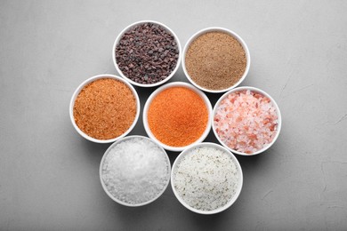 Photo of Different kinds of salt on light grey table, flat lay