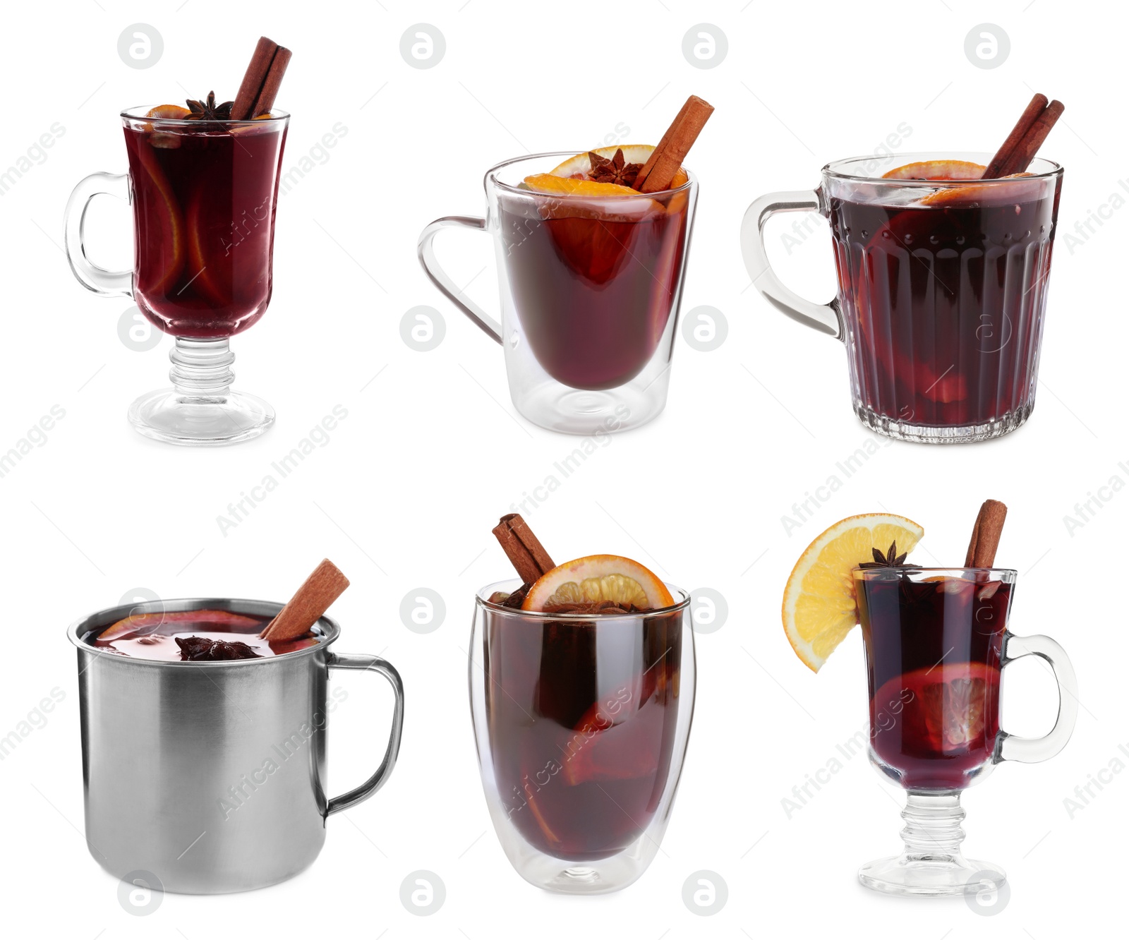 Image of Set of aromatic mulled wine on white background