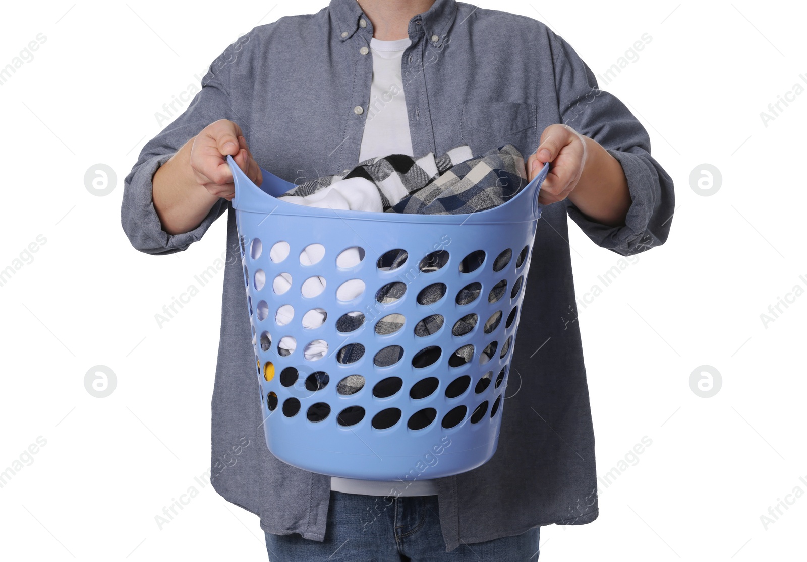 Photo of Man with basket full of laundry on white background, closeup