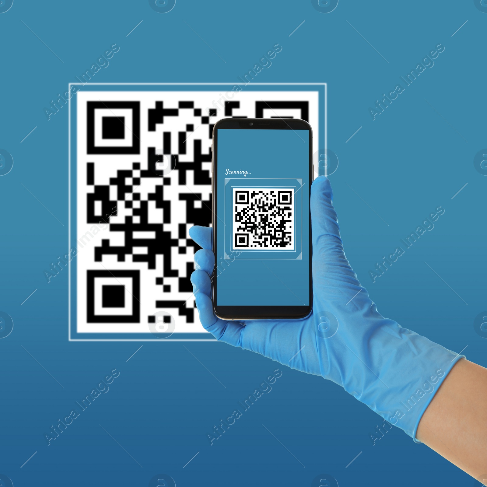 Image of Person in latex gloves scanning QR code with smartphone on blue background, closeup