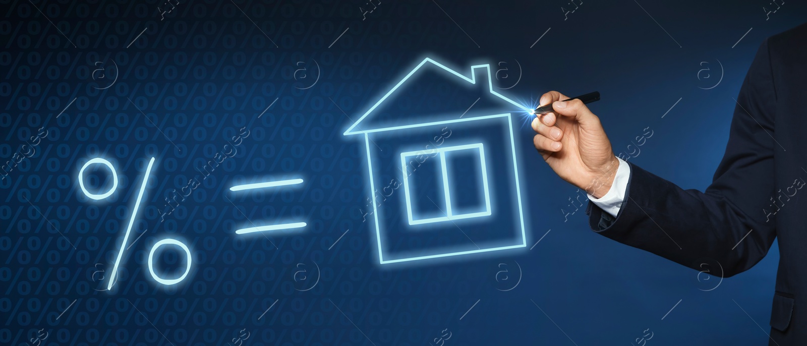 Image of Man drawing percent, equal sign and house on virtual screen against dark blue background, closeup. Banner design