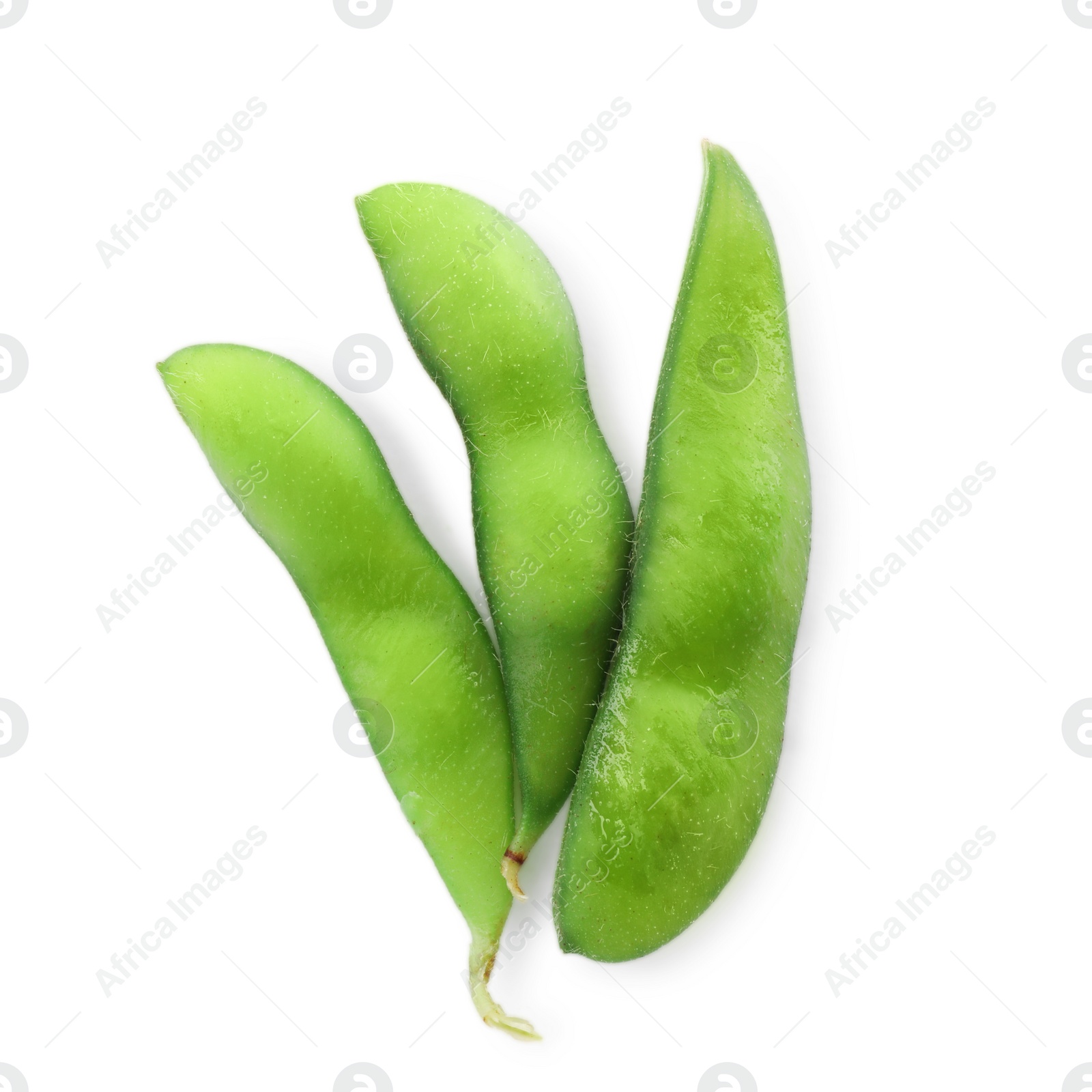 Photo of Raw green edamame pods on white background, top view