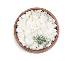 Fresh cottage cheese with dill in bowl isolated on white, top view