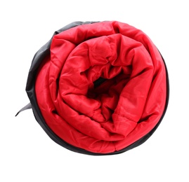 Photo of Rolled sleeping bag on white background, top view. Camping equipment