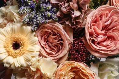 Photo of Bouquet of beautiful flowers, closeup view. Floral decor