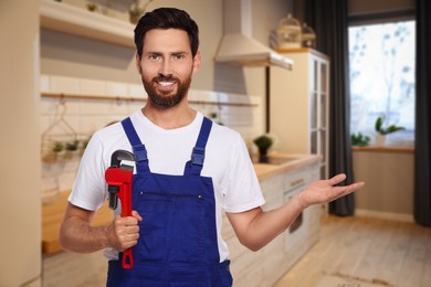 Image of Plumber with pipe wrench in kitchen, space for text