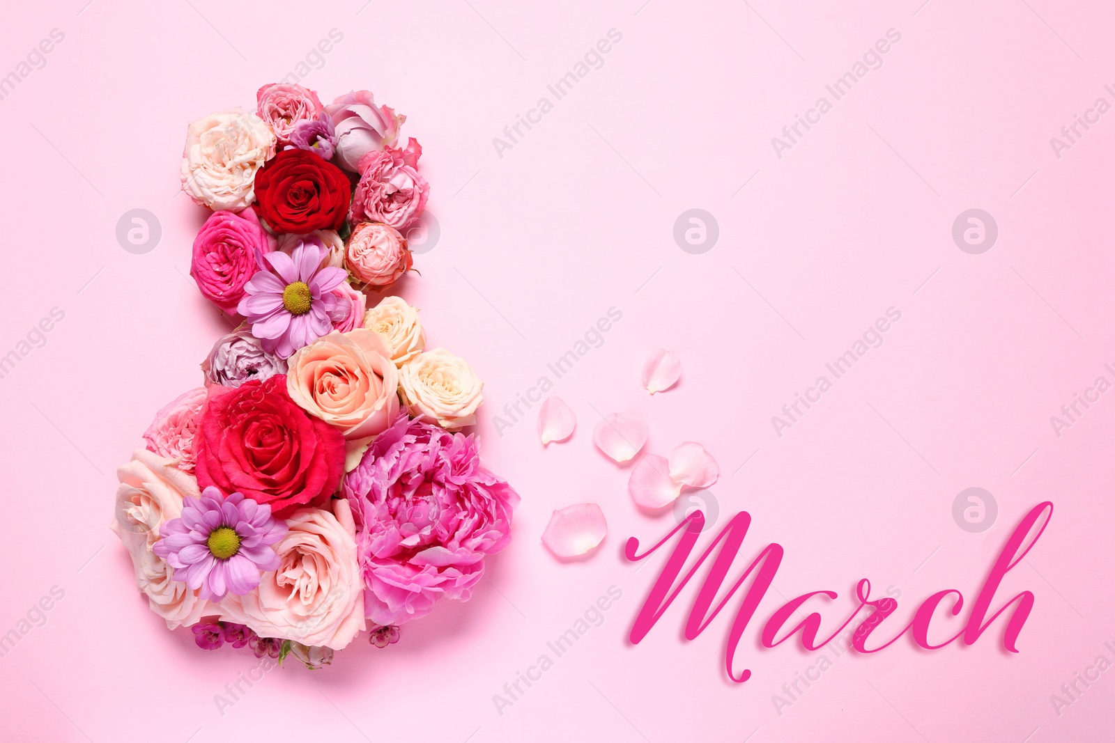 Image of 8 March - Happy International Women's Day. Greeting card design with different flowers on pink background, top view