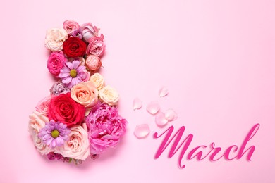 Image of 8 March - Happy International Women's Day. Greeting card design with different flowers on pink background, top view