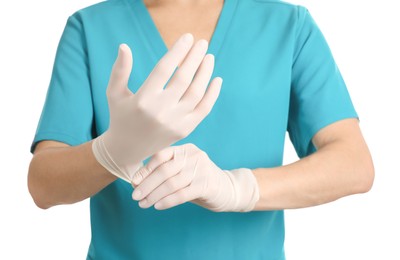 Doctor wearing medical gloves on white background, closeup