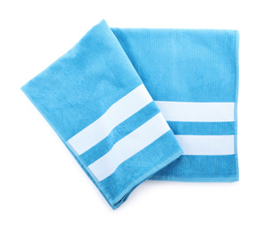 Blue towel isolated on white, top view. Beach object