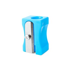 Plastic light blue pencil sharpener isolated on white