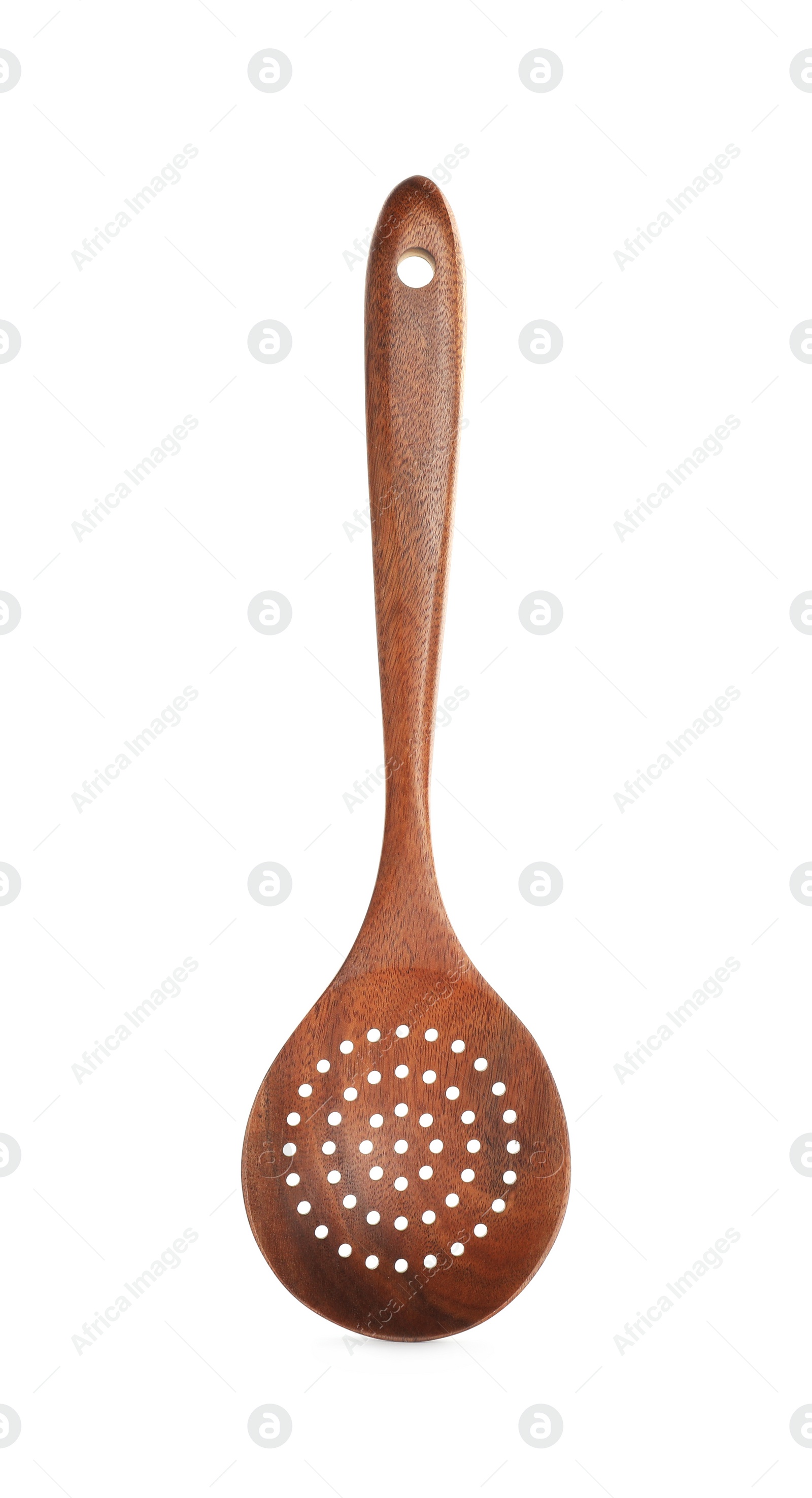 Photo of Wooden skimmer isolated on white. Kitchen utensil