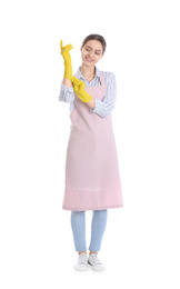 Photo of Young chambermaid wearing gloves on white background