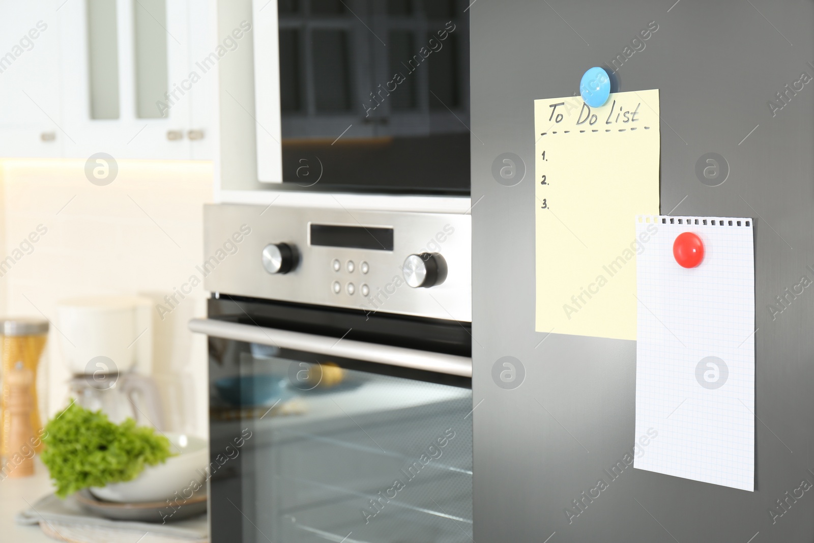 Photo of Blank To do list and paper on fridge in kitchen. Space for text