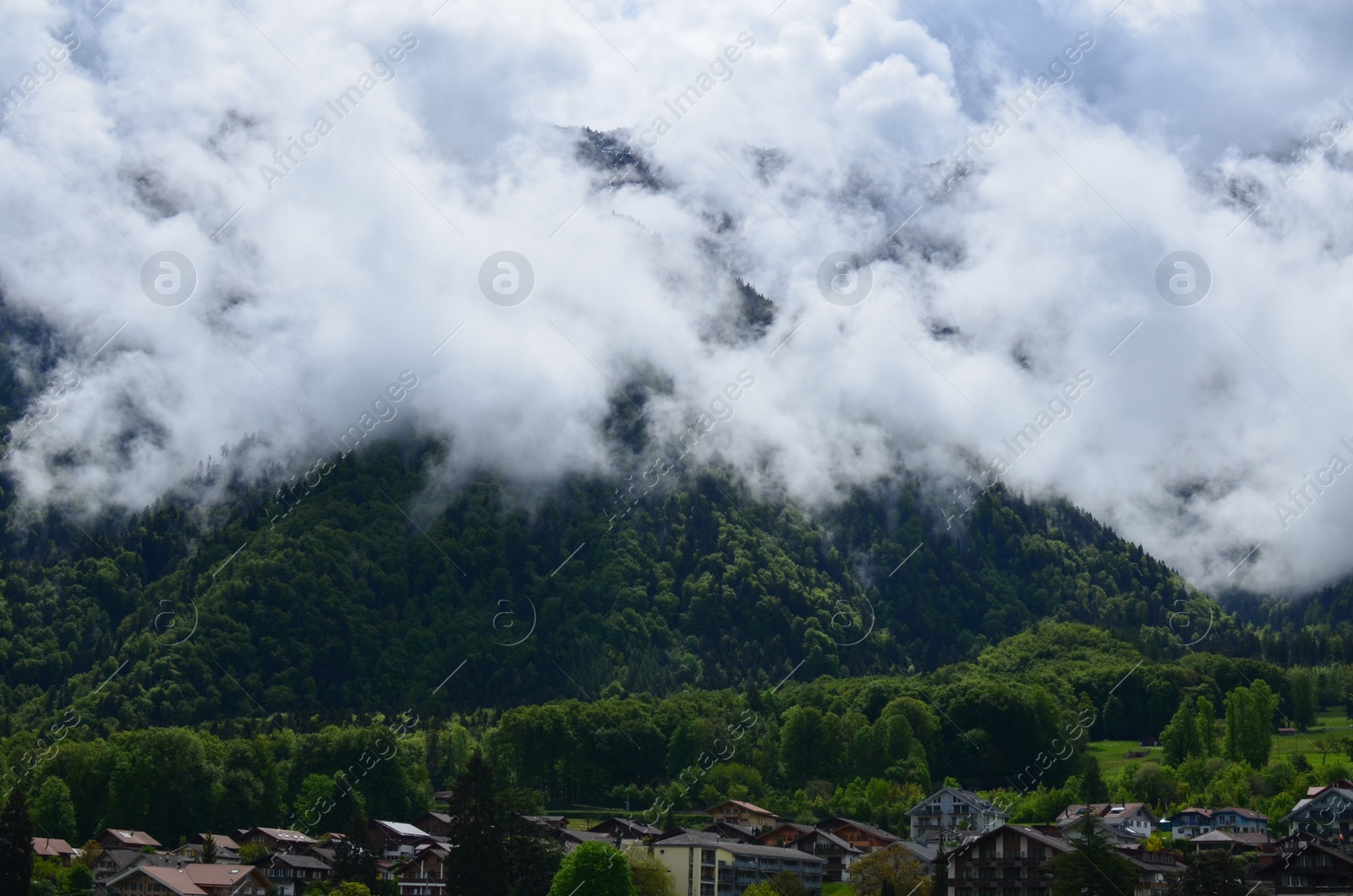 Photo of Picturesque view of village, green forest and beautiful mountains