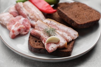Photo of Tasty pork fatback with rye bread and spices on grey table, closeup
