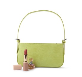 Stylish baguette bag with perfume and lipstick isolated on white