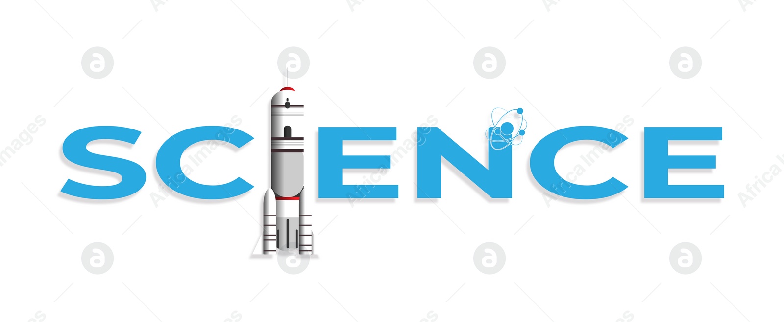 Illustration of Word Science with illustration of rocket instead of letter I on white background