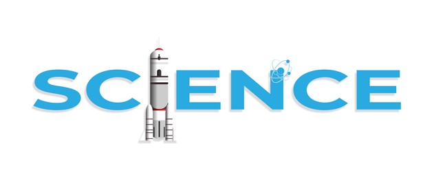 Illustration of Word Science with illustration of rocket instead of letter I on white background