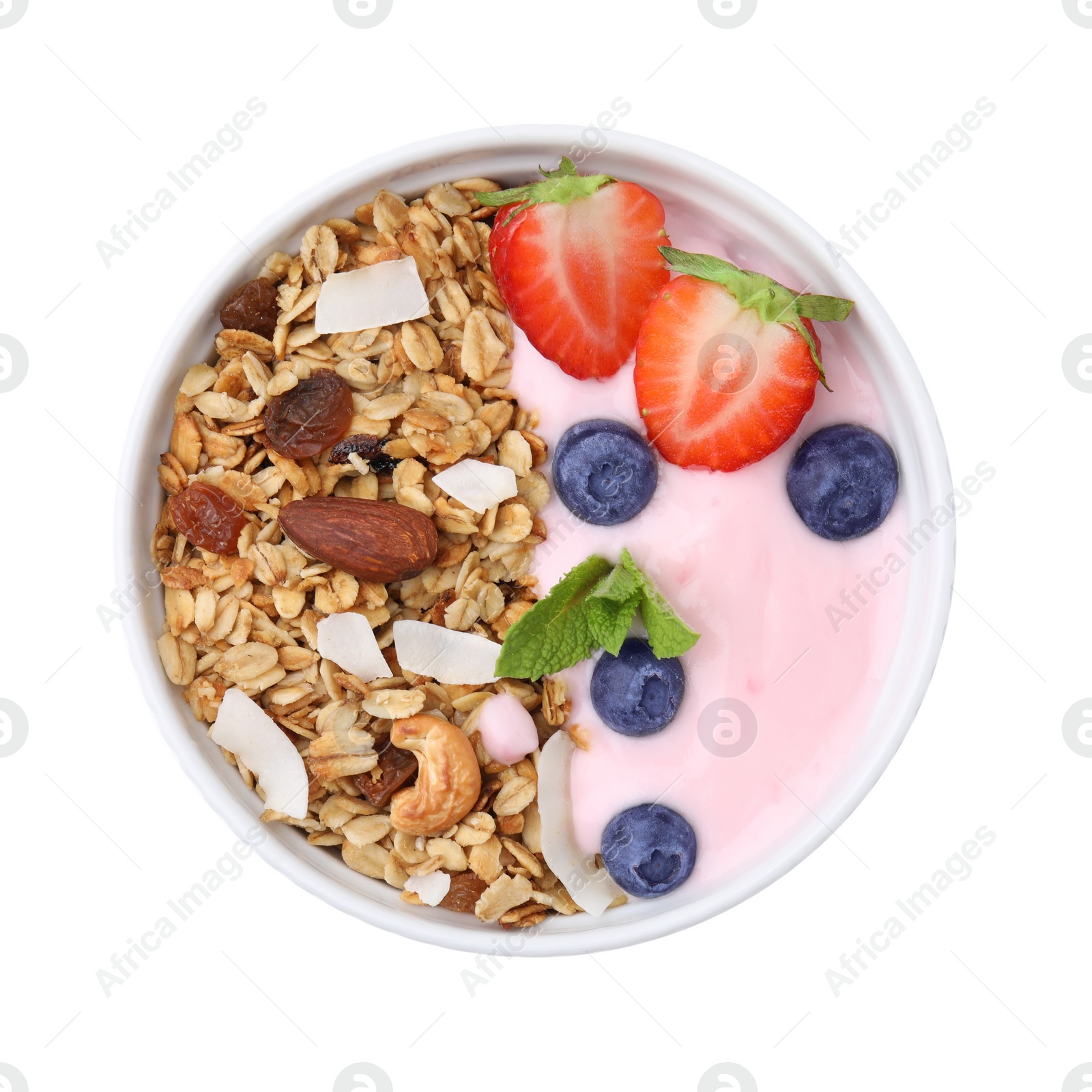 Photo of Tasty granola, yogurt and fresh berries in bowl on white background, top view. Healthy breakfast