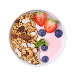 Photo of Tasty granola, yogurt and fresh berries in bowl on white background, top view. Healthy breakfast