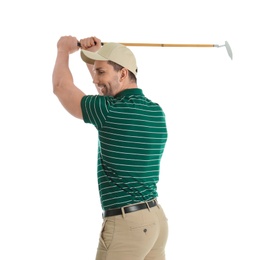 Portrait of young man with golf club isolated on white