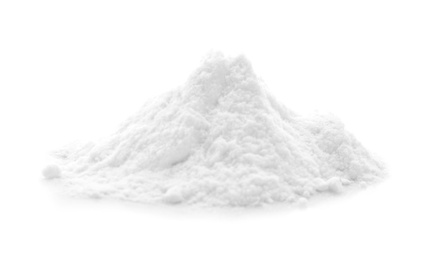 Photo of Pile of baking soda on white background