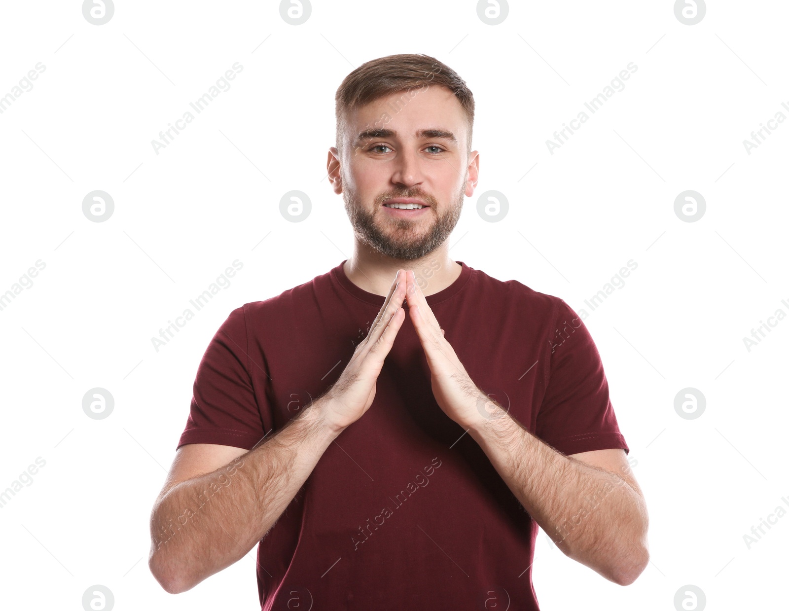 Photo of Man showing HOUSE gesture in sign language on white background