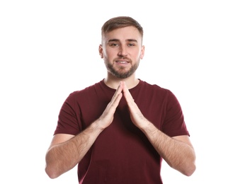 Man showing HOUSE gesture in sign language on white background
