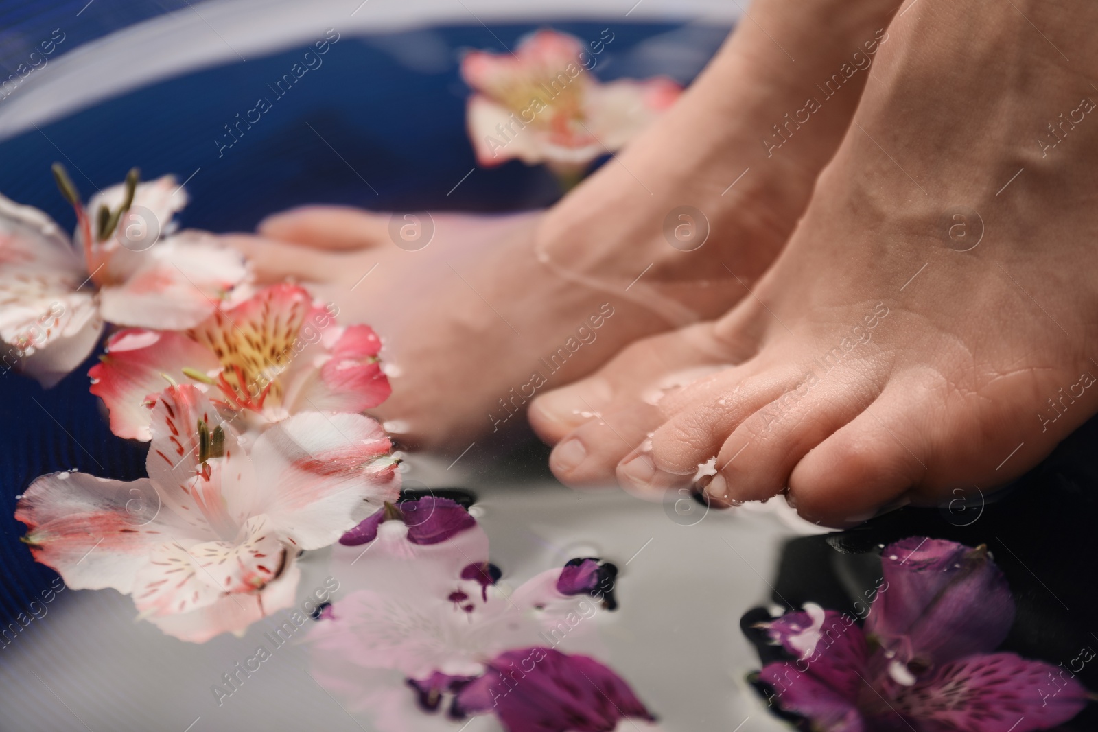 Photo of Woman soaking her feet in bowl with water and flowers, closeup. Spa treatment