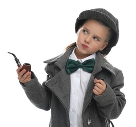 Photo of Cute little detective with smoking pipe on white background