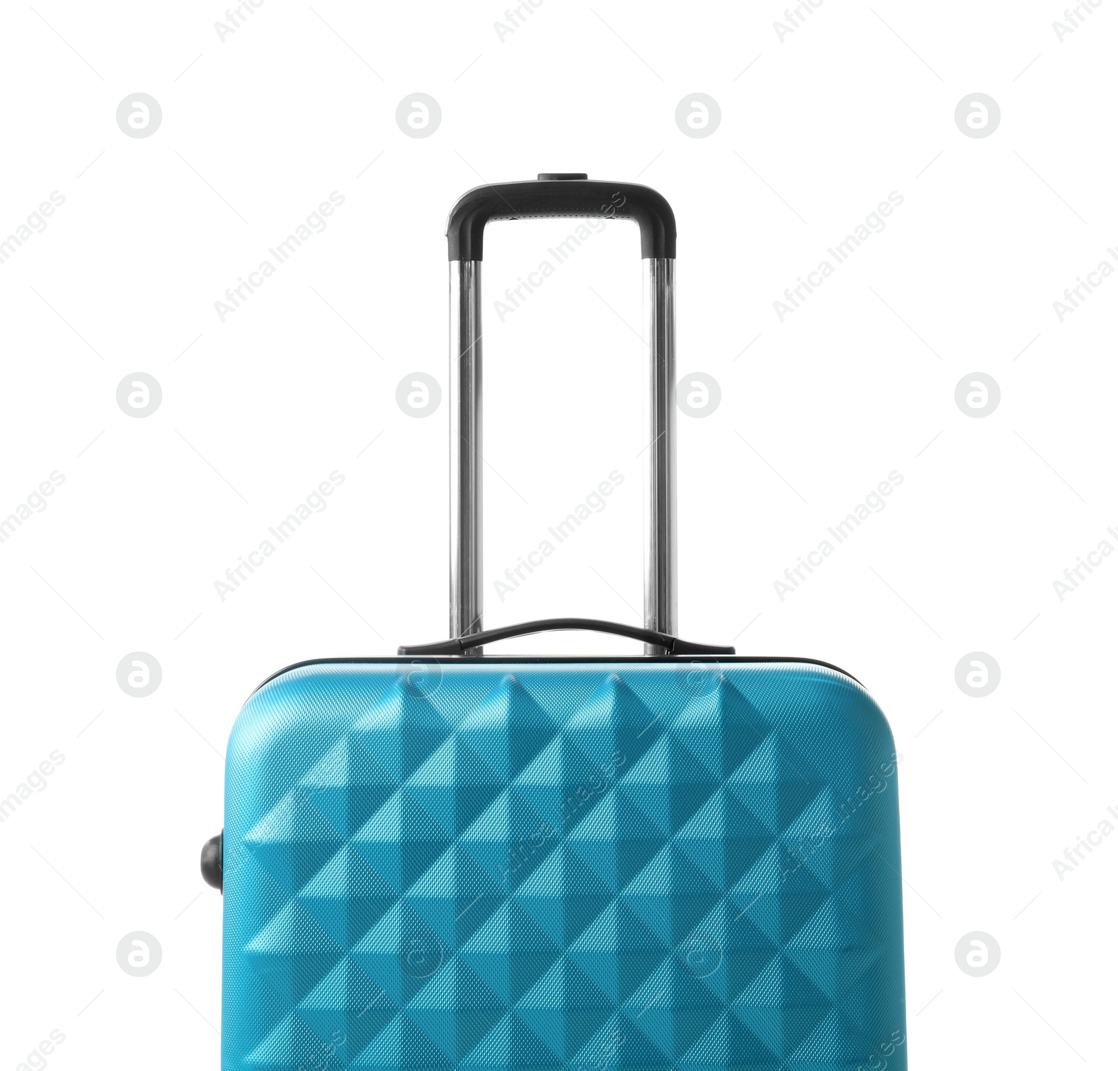 Photo of Blue suitcase packed for journey on white background