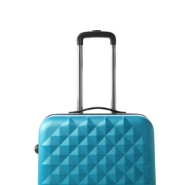 Photo of Blue suitcase packed for journey on white background