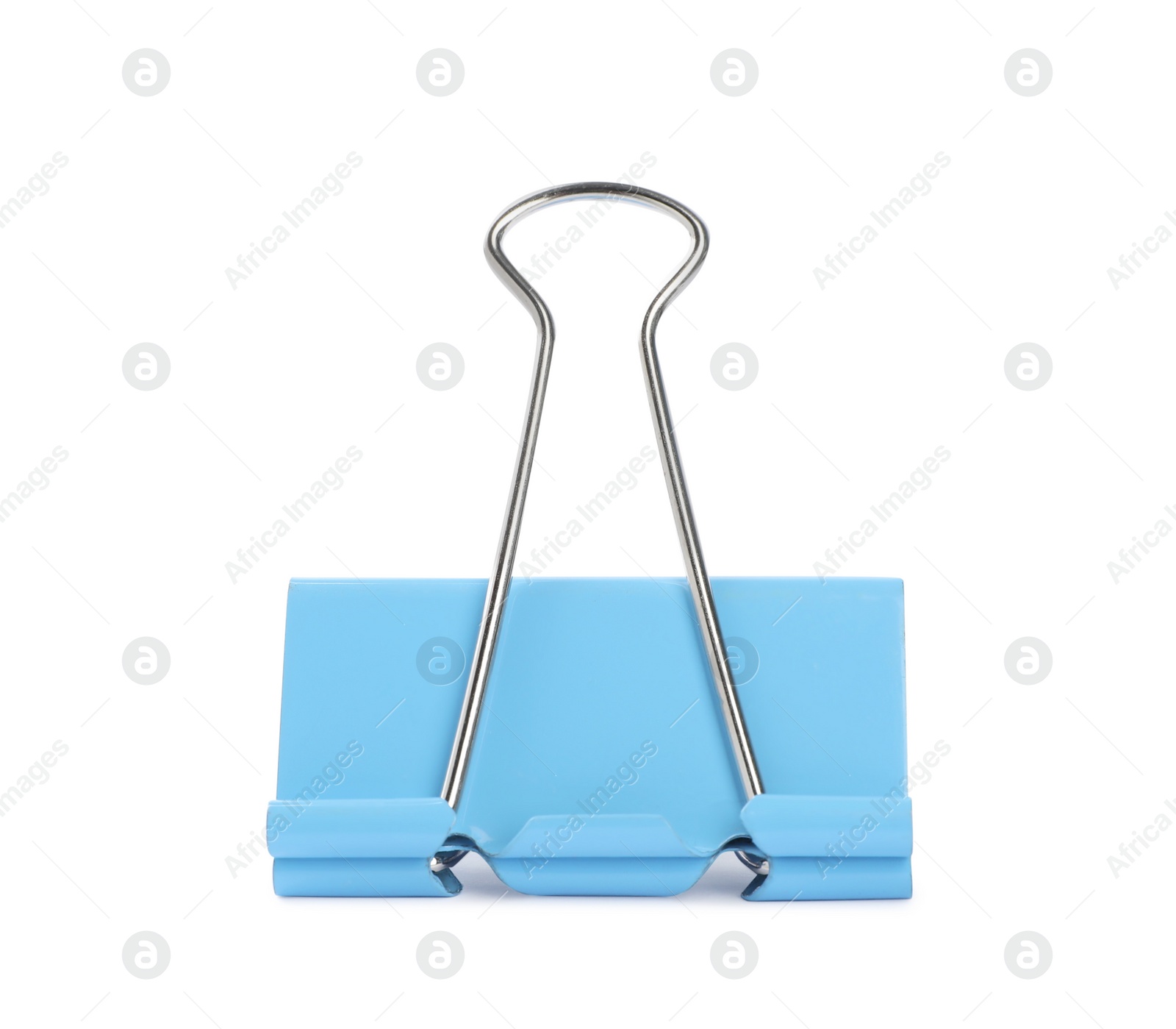 Photo of Light blue binder clip isolated on white. Stationery