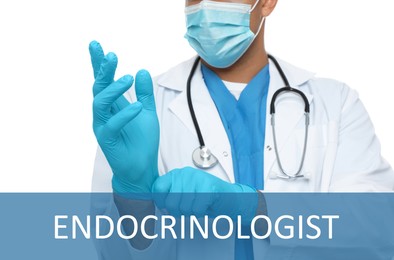 Image of Endocrinologist in protective mask putting medical gloves on white background, closeup