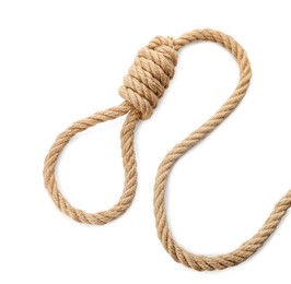 Photo of Rope noose with knot on white background, top view
