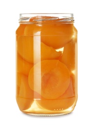 Photo of Jar of pickled apricots isolated on white