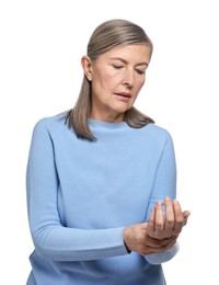 Arthritis symptoms. Woman suffering from pain in wrist on white background