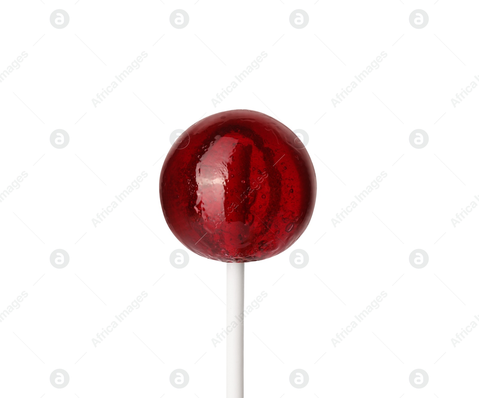 Photo of Tasty red lollipop isolated on white. Confectionery product