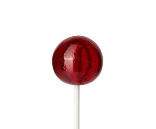 Photo of Tasty red lollipop isolated on white. Confectionery product