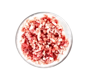 Glass bowl with minced meat on white background, top view