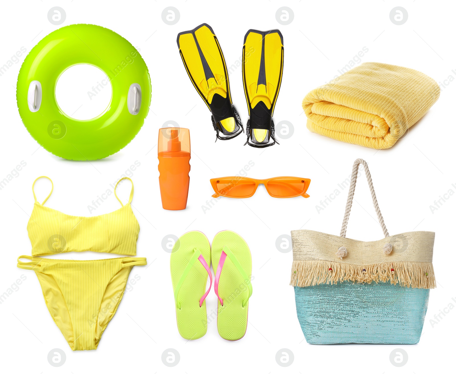 Image of Set with stylish beach bag and other accessories on white background