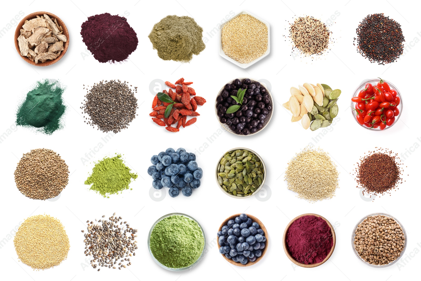 Image of Set of different superfoods on white background, top view