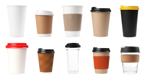 Image of Set of different coffee cups on white background. Banner design