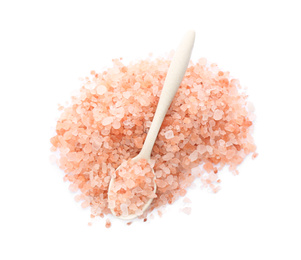 Pile and spoon of pink himalayan salt isolated on white, top view