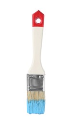 Photo of Brush with light blue paint isolated on white