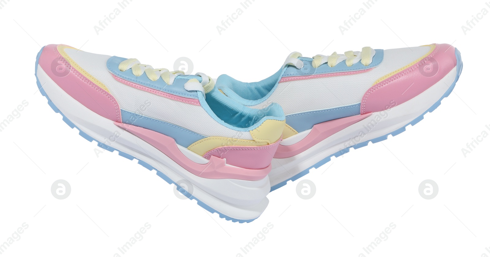 Photo of Pair of stylish colorful sneakers on white background