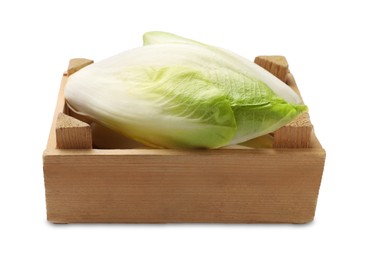 Photo of Raw ripe chicory in wooden crate on white background