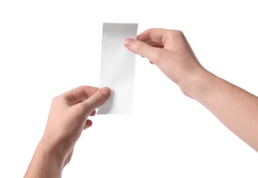 Photo of Man holding piece of blank thermal paper for receipt on white background, closeup